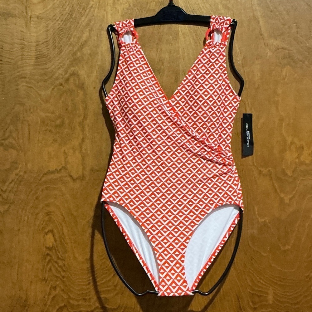Carmen Marc Valvo Geometric One-Piece Swimsuit Papaya Red/White - Size 10 - NWT